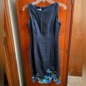 Talbots navy blue floral embroidered cut out sheath dress.